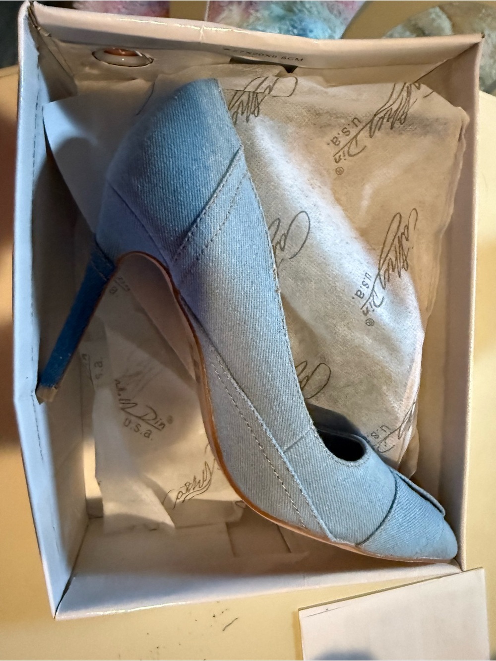 Brand new Cathy Din denim Light Blue Denim Pointed-Toe High Heel Pumps